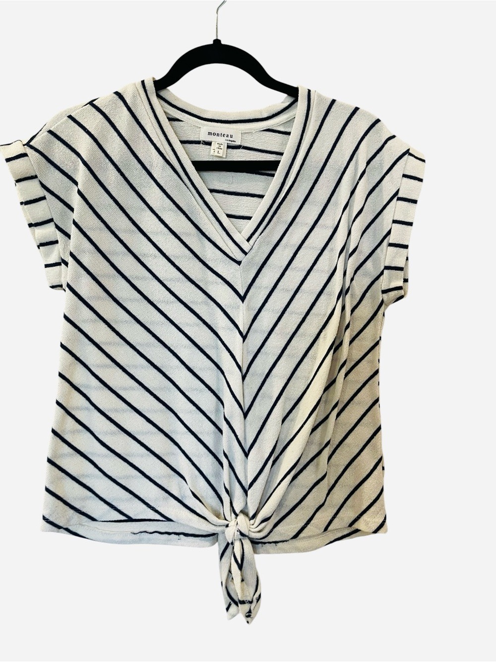 Monteau Women’s White Blue Striped V-Neck Front Tie Top Knit Shirt Size: Large